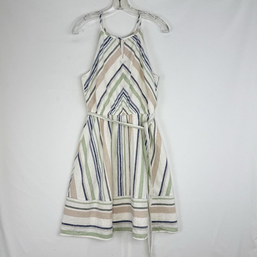 Women's Striped Linen Blend Lined Keyhole Halter Dress Multicolor Size M Miami - Picture 4 of 16